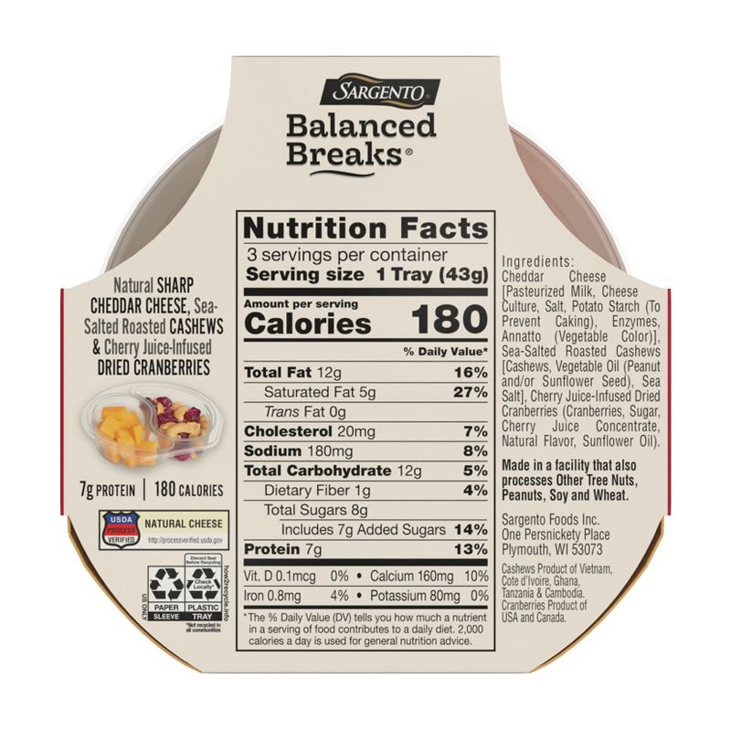 Sargento Balanced Breaks Natural Sharp Cheddar, Sea-Salted Cashews &#38; Cherry Juice-Infused Dried Cranberries - 4.5oz/3ct, 4 of 9