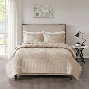 Sapphtopaz Comforter Set Bedding Set Solid Color Square Check Pattern Reversible Quilt Set 3 Piece 1 Quilt, 2 Pillow Shams - 1 of 4