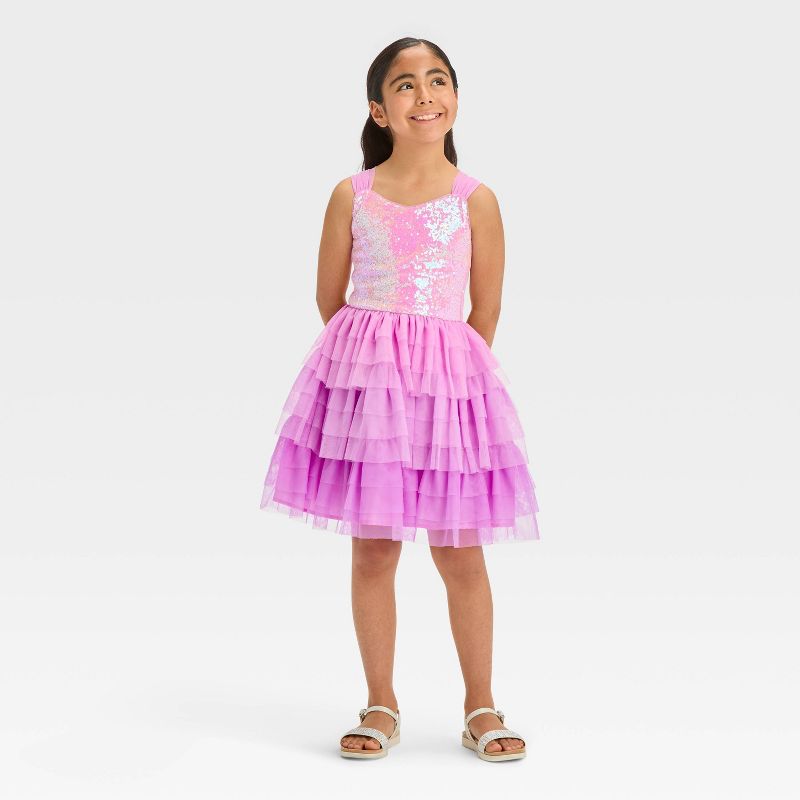 Girls&#39; Sleeveless Ombre Sequin Tiered Dress - Cat &#38; Jack&#8482; Lavender, 3 of 4
