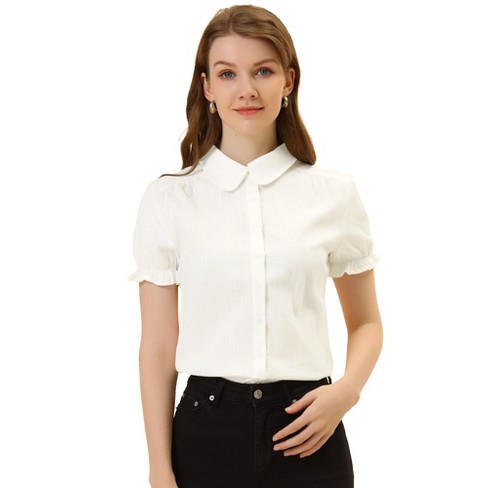 Allegra K Women's Collared Frilled Short Sleeve Solid Shirts White