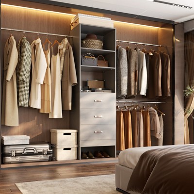 Aheaplus 21''-96'' Adjustable Closet System with 3 drawers, Hanging Rods, Storage Shelves