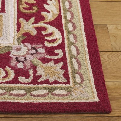 Elegant Ivory & Burgundy Hand-Knotted Wool Round Rug
