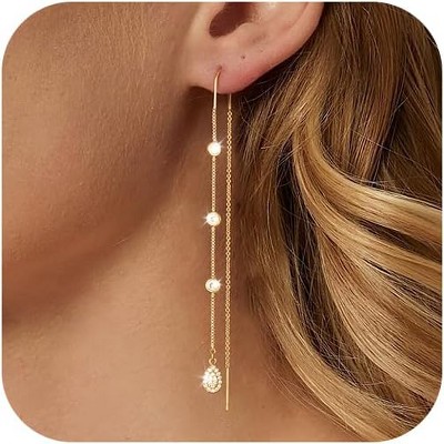 Dangle Threader Earrings for Women: Dainty 14k Gold Plated Drop Long Chain Earrings Trendy Non Tarnish Elegant Cubic
