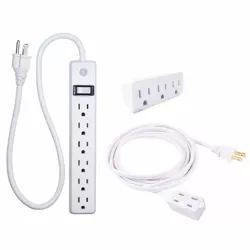 GE 6' Power Pack Outlet Strip/3 Outlet Extension Cord Wall Adapter