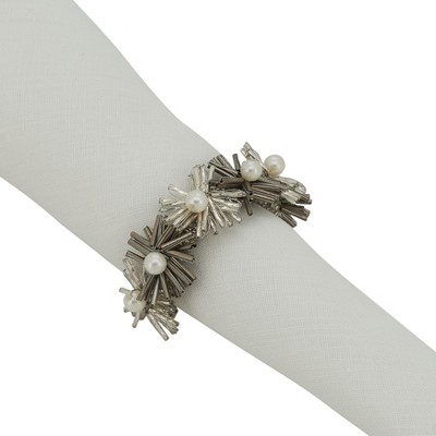 Silver Beaded Flower Design Napkin Rings Set of 4