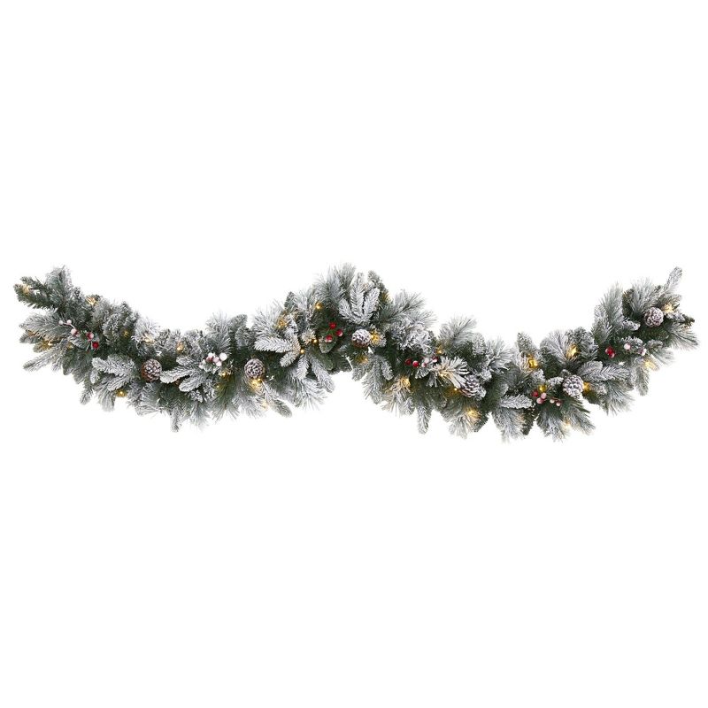 Nearly Natural 6’ Flocked Mixed Pine Artificial Christmas Garland with 50 LED Lights, Pine Cones and Berries, 1 of 2