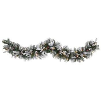 Nearly Natural 6’ Flocked Mixed Pine Artificial Christmas Garland with 50 LED Lights, Pine Cones and Berries