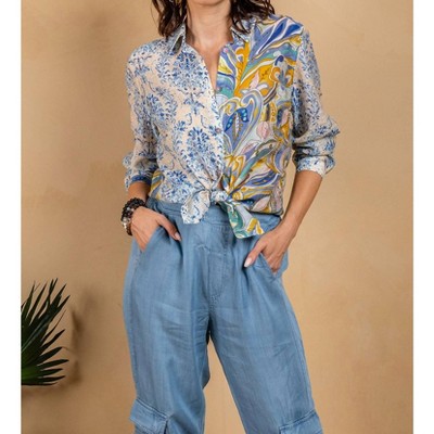 Women's Voile Mix Print Button Front Shirt - PAPARAZZI