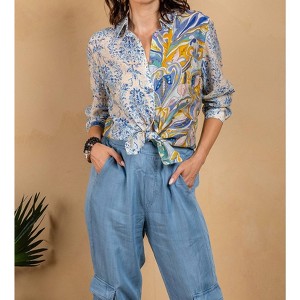Women's Voile Mix Print Button Front Shirt - PAPARAZZI M - 1 of 4