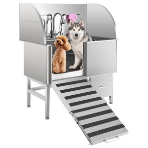 Dog Bath Tub, Dog Washing Station Stainless Steel - Leak-Proof Grooming Tub with Folding Ramp Non-Slip Grate Faucet Sprayer Drain Kit - 1 of 4