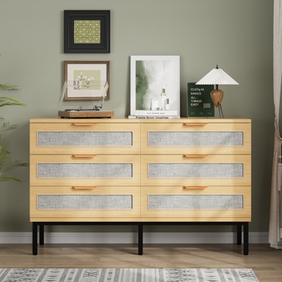 6 Drawer Dresser for Bedroom, 47'' Mid-Century Modern Storage Cabinet with Fabric Fronts, Boho Chest of Drawers,Oak Dressers for Bedroom, Living Room