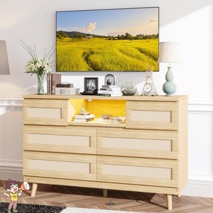 Jojoka Rattan 6 Drawer Dresser with LED Lights & Charging Station, Modern Double Dresser Chest for Bedroom, Closet, Entryway - 1 of 4