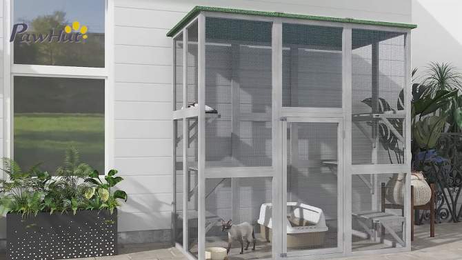 PawHut Large Wooden Outdoor Cat House Catio Enclosure, Kitten Cage with Weather Protection, Cat Patio with 6 Platforms - 71"L, 2 of 8, play video