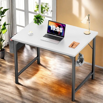 GlasFlength Desks Computer Desk with Storage Bag and Headphone Hook, Small Home Office Writing Study Desk, White, 30 Inches