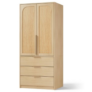 Wardrobe Cabinet with Hanging Rod & 3 Drawers, 69.5" Wooden Storage Cabinet with Rattan Doors, Clothing Cabinet for Bedroom Organization - 1 of 4