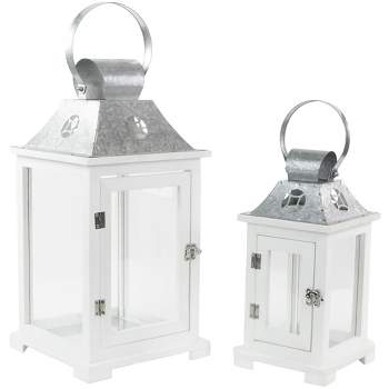 Northlight Set of 2 White Wooden Candle Lanterns with Galvanized Metal Tops 19.5"