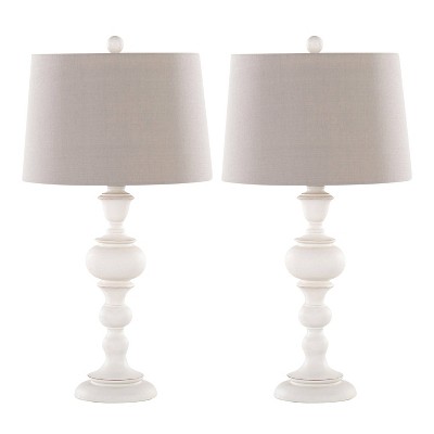 30" Distressed Off-White Polyresin Table Lamps with Gray Linen Shades, Set of 2
