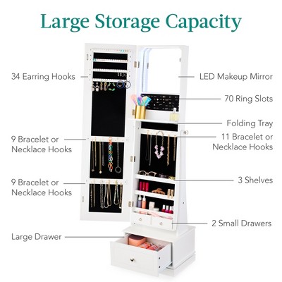 White 360 Swivel Standing Mirrored Jewelry Cabinet with LED Lights