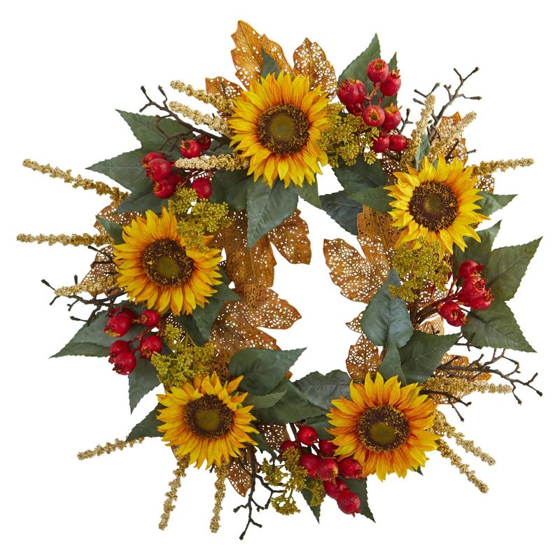 Nearly Natural 27” Sunflower Berry Artificial Wreath, 1 of 3