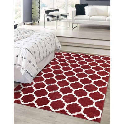 Red and White Synthetic Trellis Rectangular Area Rug