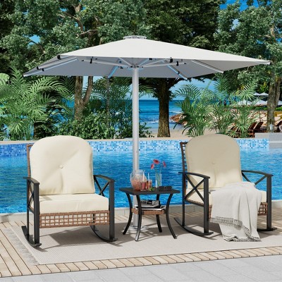 Garvee 3 Piece Rattan Rocking Bistro Set, Patio Furniture with 2 Cushioned Rocker Chairs and a 2-Tier Coffee Table,Outdoor Conversation Set for Garden