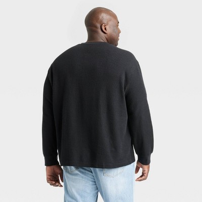 T-shirt col Henley à manches longues en coton doux sur la peau - noir