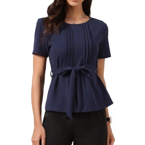 INSPIRE CHIC Women's Dressy Casual Peplum Summer Pleated Crew Neck Belted Short Sleeve Blouses - 1 of 4