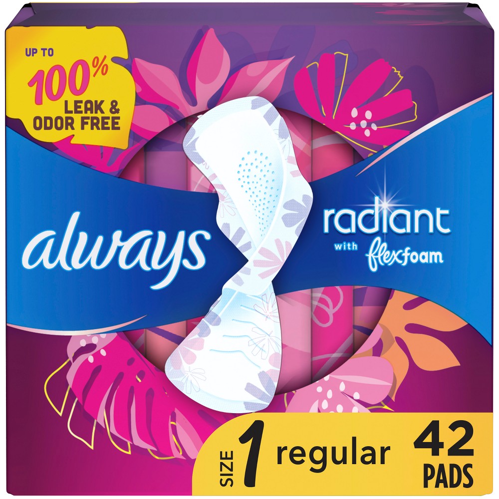 Always Radiant Regular Absorbency Pads with Wings - Scented - Size 1 - 42ct