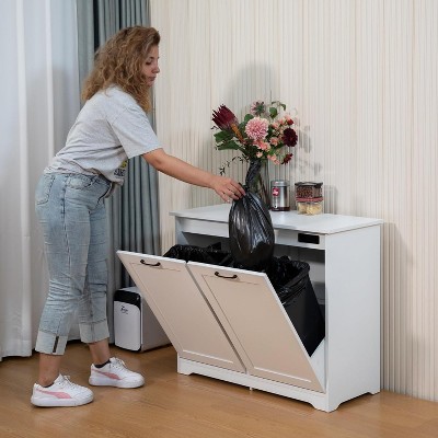 Sandinrayli 26 Gallon Tilt Out Wood Trash Can Cabinet with Deodorizing Function Laundry Hamper, White