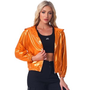 INSPIRE CHIC Women's Holographic Shiny Long Sleeve Zipper Hooded Metallic Jacket - 1 of 4
