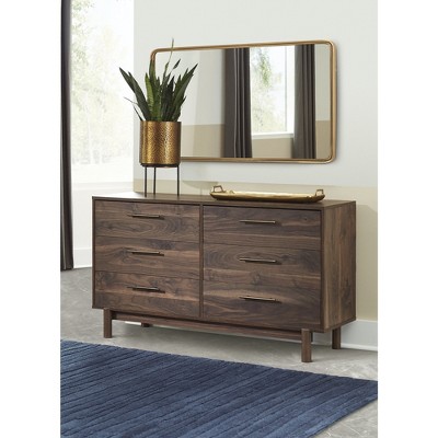 Dark Brown 6-Drawer Walnut Wood Dresser with Goldtone Handles