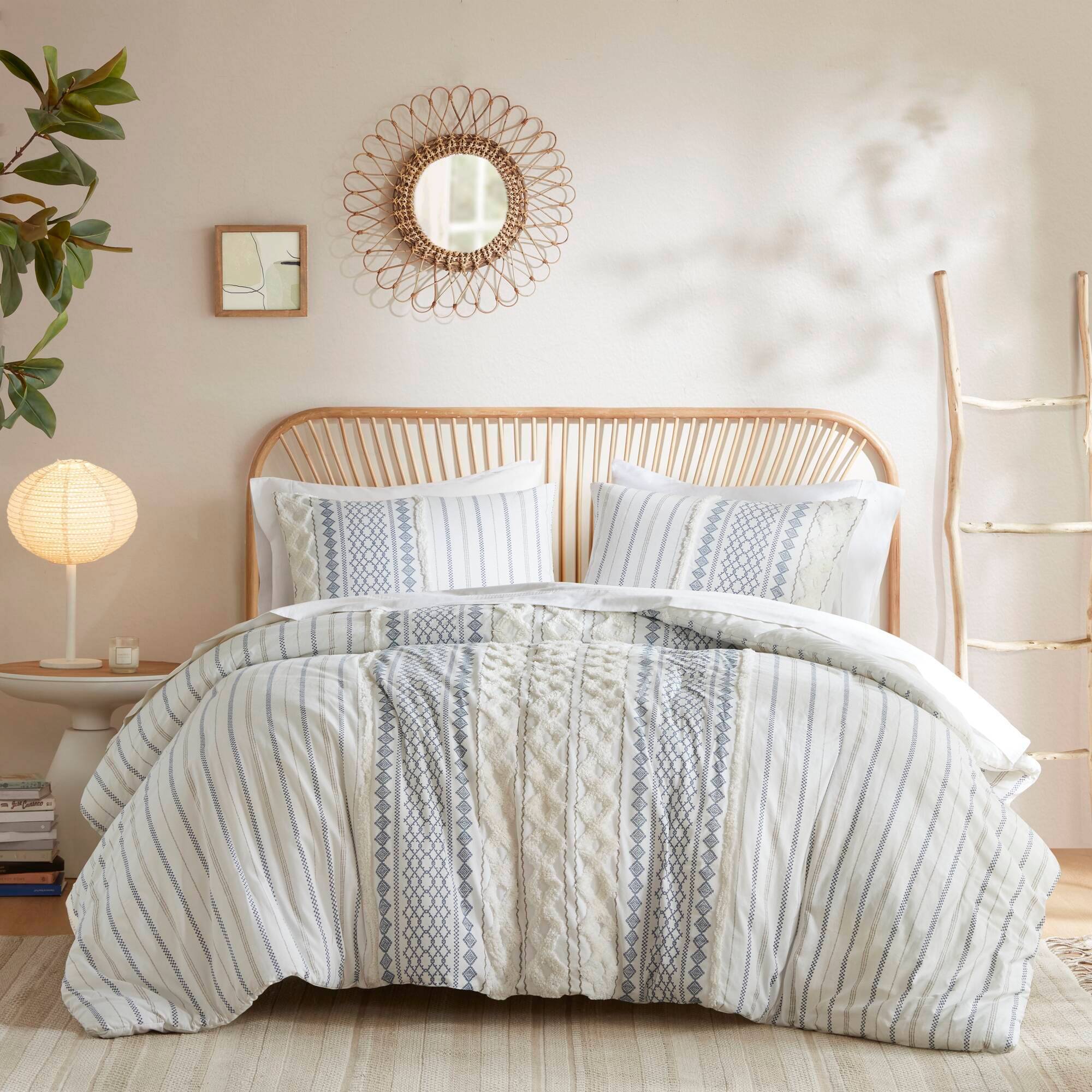 Ink+Ivy 3pc King/California King Imani Printed Duvet Cover Set with Chenille Navy Blue/White: Geometric Pattern, OEKO-TEX Certified
