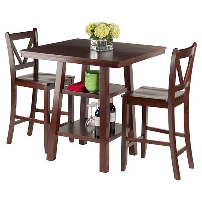 Transitional 33" Square Walnut Pub Table Set with Storage & 2 V-Back Chairs