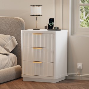 Fluted Farmhouse Night Stand, Fluted Nightstand with Charging Station, FlutedNightstand Bedroom with Drawers, Modern Mid Century Bedside Table - 1 of 4