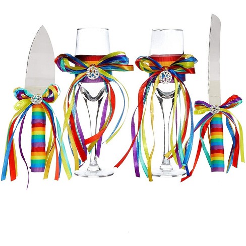 Sparkle and Bash 4 Piece Set Rainbow Cake Cutting Set for Gay Wedding, Champagne Flutes, Server, Knife - image 1 of 4