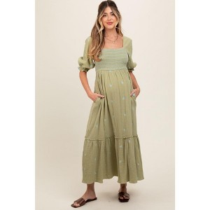 PinkBlush Light Olive Gauze Smocked Embroidered Square Neck Maternity Midi Dress - 1 of 4