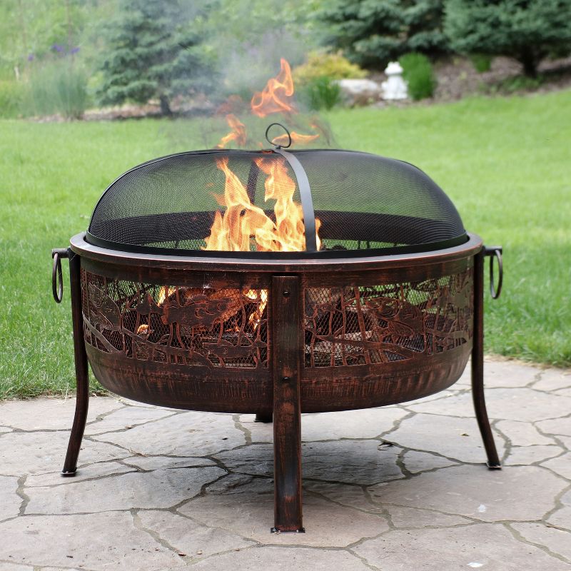 Sunnydaze Outdoor Camping or Backyard Steel Northwoods Fishing Fire Pit with Spark Screen - 30" - Bronze, 4 of 14