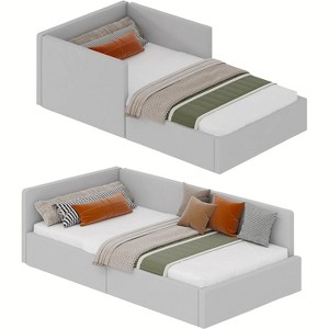 Twin daybed with headboard, Corner Bed Frame with Bed Rails, Velvet Upholstered Sofa Bed with Guardrail for Bedroom, Guest Room - 1 of 4