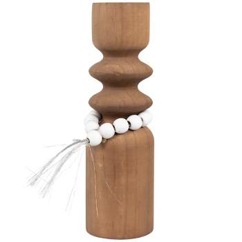 Northlight Wooden Tealight Candle Holder with Beaded Tassel - 9.75" - Brown