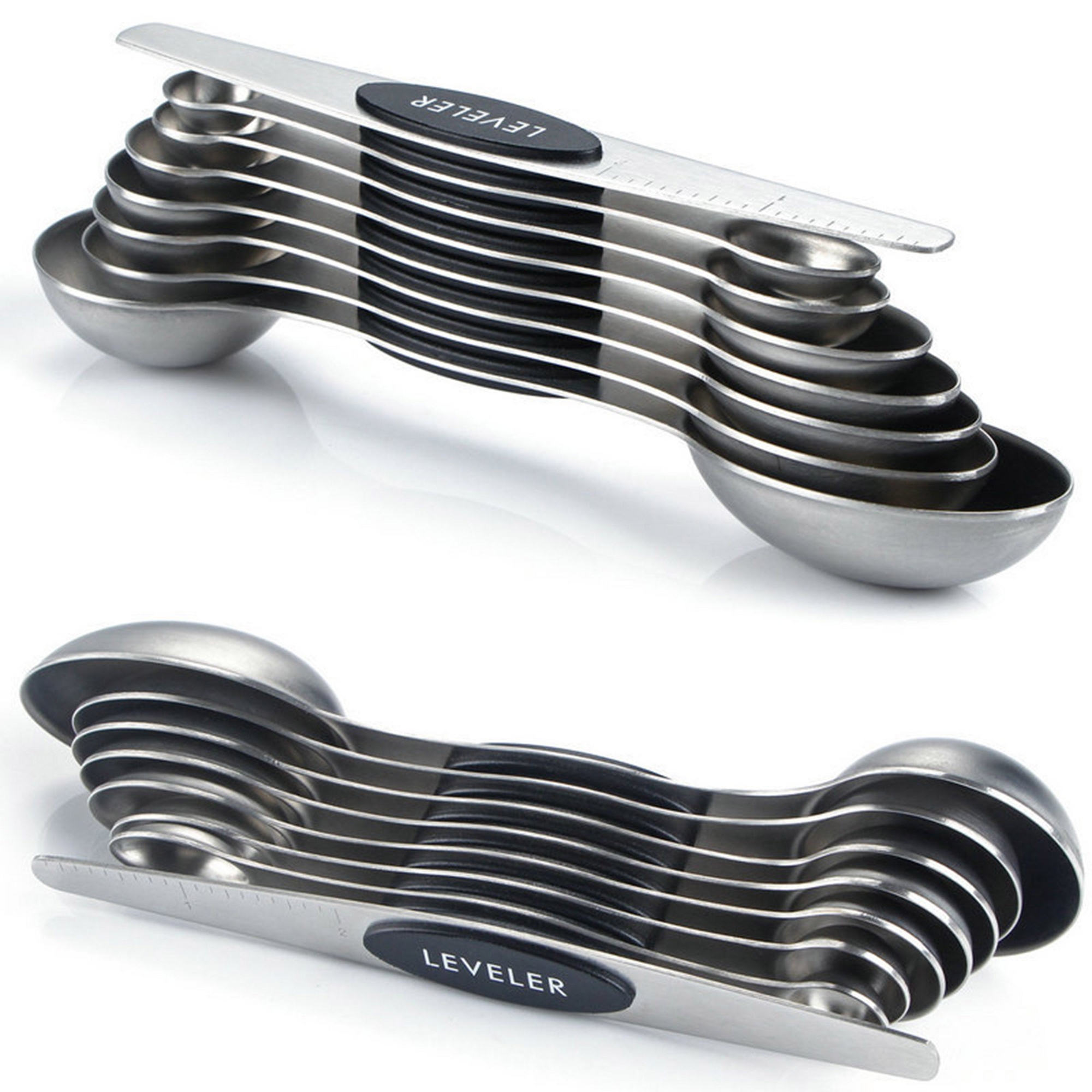 Modern Design Magnetic Measuring Spoons BLACK Set of 8 Stainless Steel Dual Sided Stackable Nesting TSP and TBS