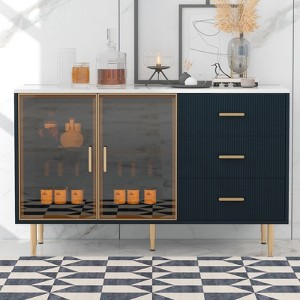 Modern Wood Buffet Sideboard Table with Marble Sticker Tabletop and Tempered Glass Doors with Gold Metal Legs & Handles (Navy Blue) - 1 of 4