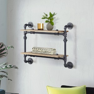 Vynxaria Oak and Sandy Black Rectangle 2-Tier Wall Shelf, Industrial Style - 1 of 4