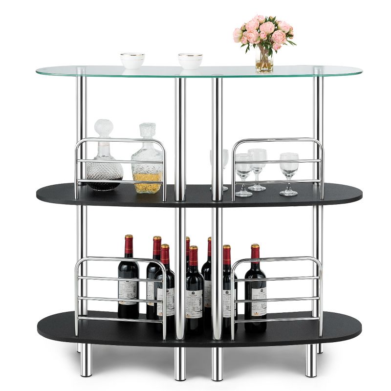 Costway Decorative  Storage Cabinets  Home Liquor Pub Table w/Tempered Glass Top & 2 Shelves, 1 of 11