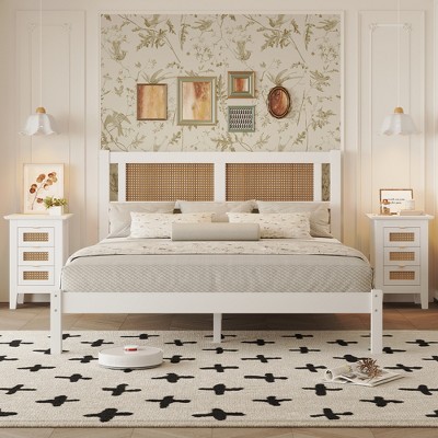 3pcs Bedroom Sets, Queen/Full Size Wooden Platform Bed with Natural Rattan Headboard and 2 Nightstands 4A -ModernLuxe