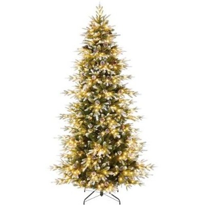 Frosted Flocked Pencil Christmas Tree with Pine Cones, Warm White Lights 8 Modes, Automatic Hinged Branches, Metal Stand, PE & PVC