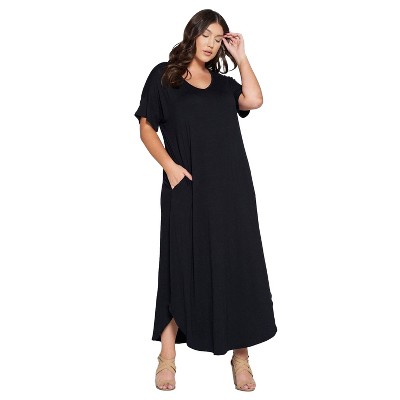L I V D Women's Short Sleeve Pocket Maxi Dress, Black, 2X