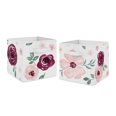 Watercolor Floral Kids' Fabric Storage Toy Bin Burgundy Wine and Pink - Sweet Jojo Designs