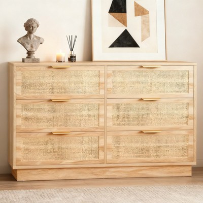 Rattan 6 Drawer Dresser, 47in Wide Natural Oak 6 Chest of Drawers with Metal Handles and Wooden Sturdy Base for Bedroom Living Room Nursery