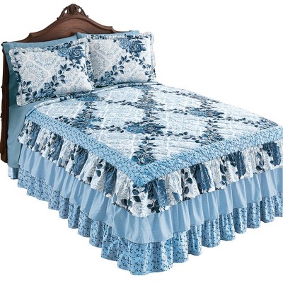 Collections Etc Navy Rose Floral Medallion Printed Tiered Ruffled Bedspread for Full Bed, 110" x 94"