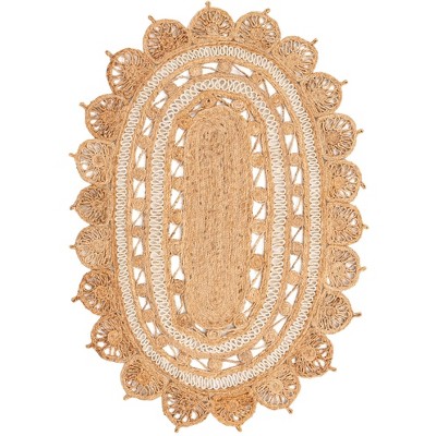 Handmade Natural and White Braided Jute Oval Rug, 4' x 6'